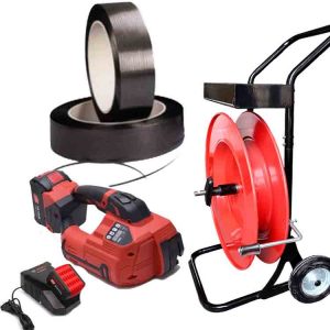 Polipropilén pántoló szerszámkészlet ARGON 10-16mm PET/PP, akkumulátor, töltő, PP pánt 12mm, pántoló kocsi